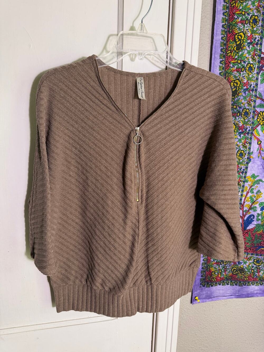 PerSeption Concept Womens L Brown Ribbed Dolman Batwing Half Zip Sweater